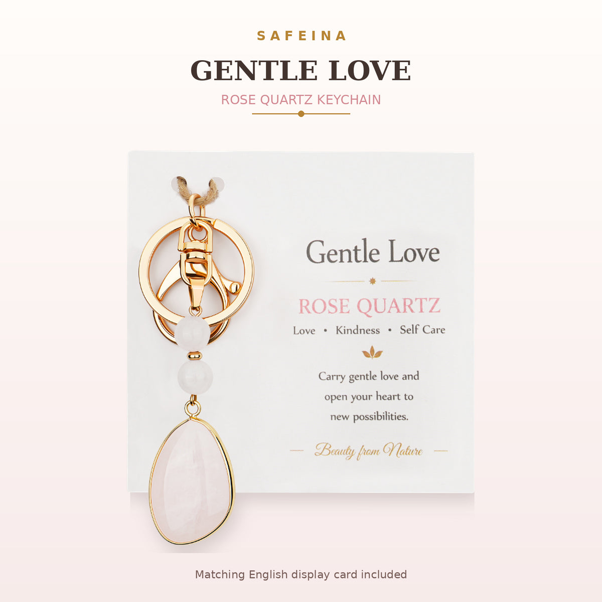 SAFEINA Natural Rose Quartz Keychain & Bag Charm Gift Set