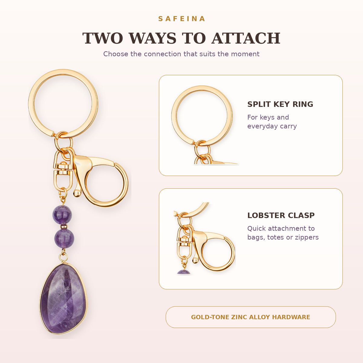 SAFEINA Natural Amethyst Keychain & Bag Charm Gift Set