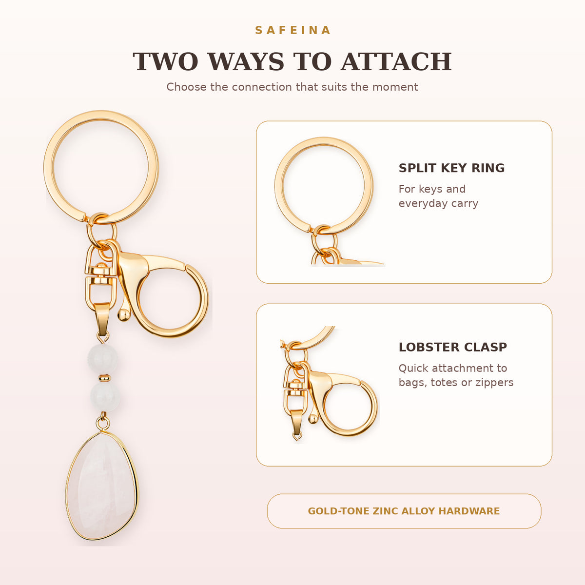SAFEINA Natural Rose Quartz Keychain & Bag Charm Gift Set
