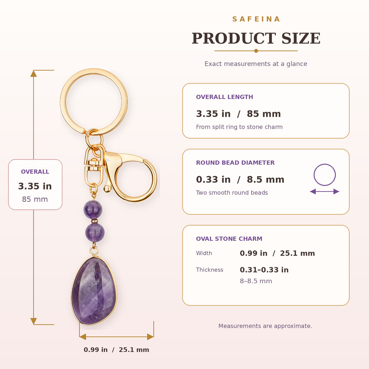 SAFEINA Natural Amethyst Keychain & Bag Charm Gift Set