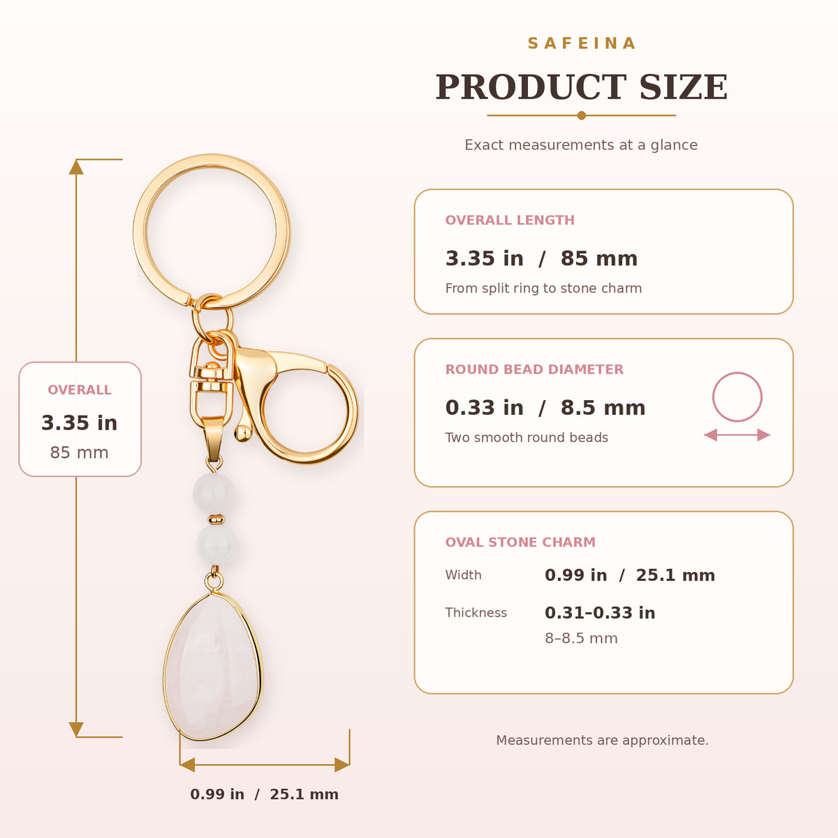 SAFEINA Natural Rose Quartz Keychain & Bag Charm Gift Set