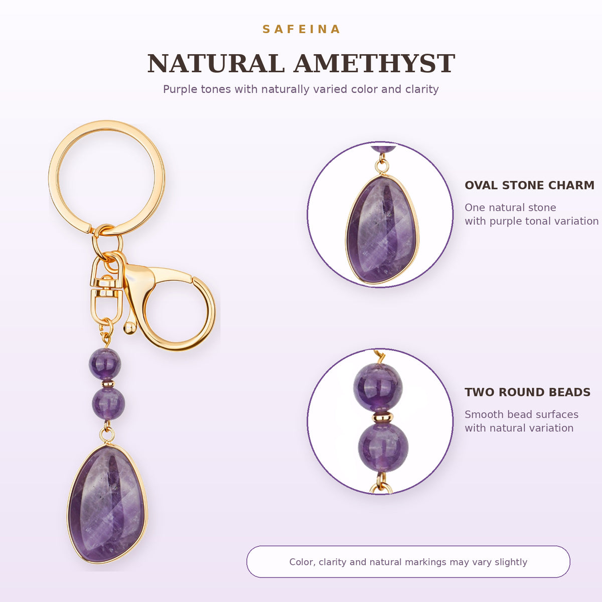 SAFEINA Natural Amethyst Keychain & Bag Charm Gift Set
