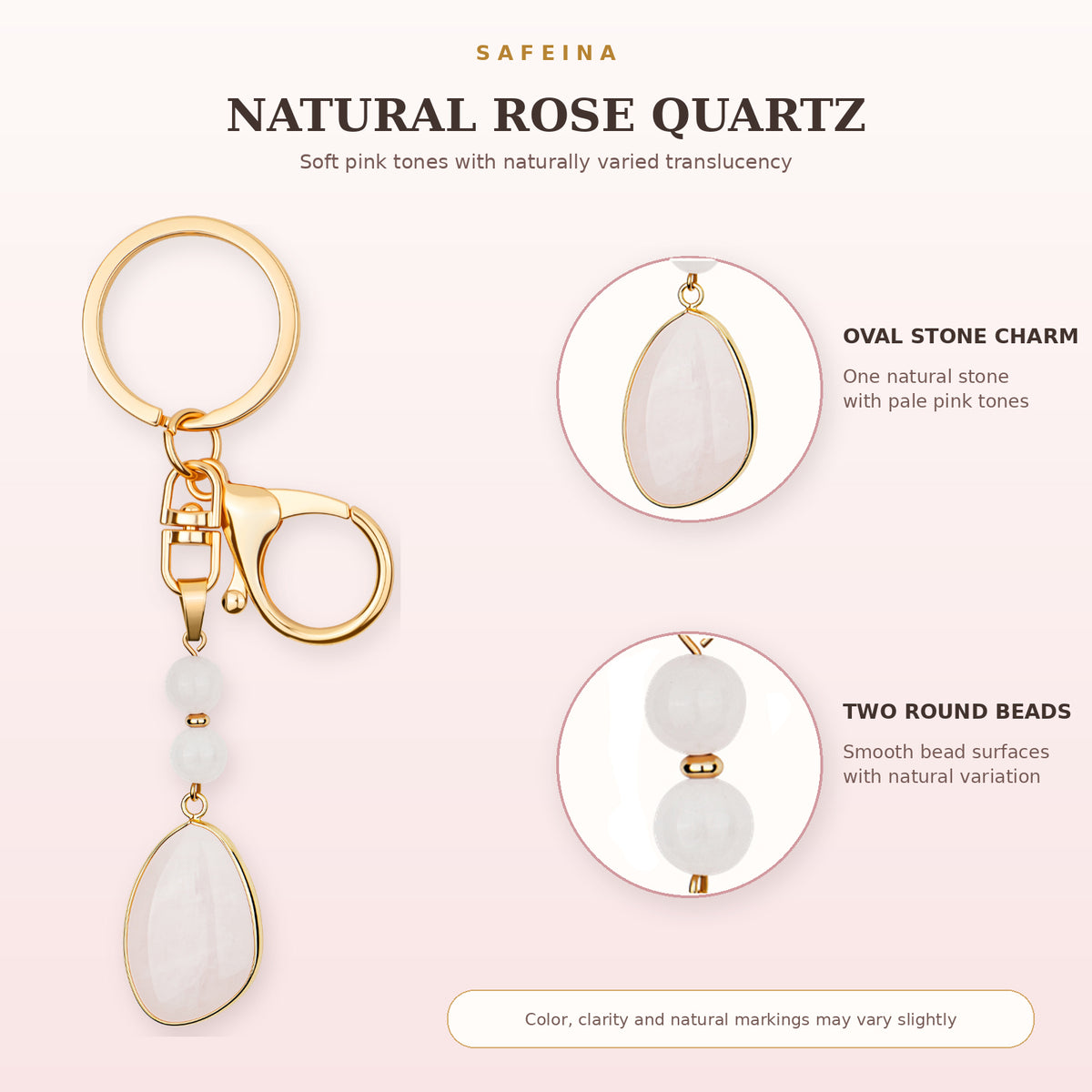 SAFEINA Natural Rose Quartz Keychain & Bag Charm Gift Set