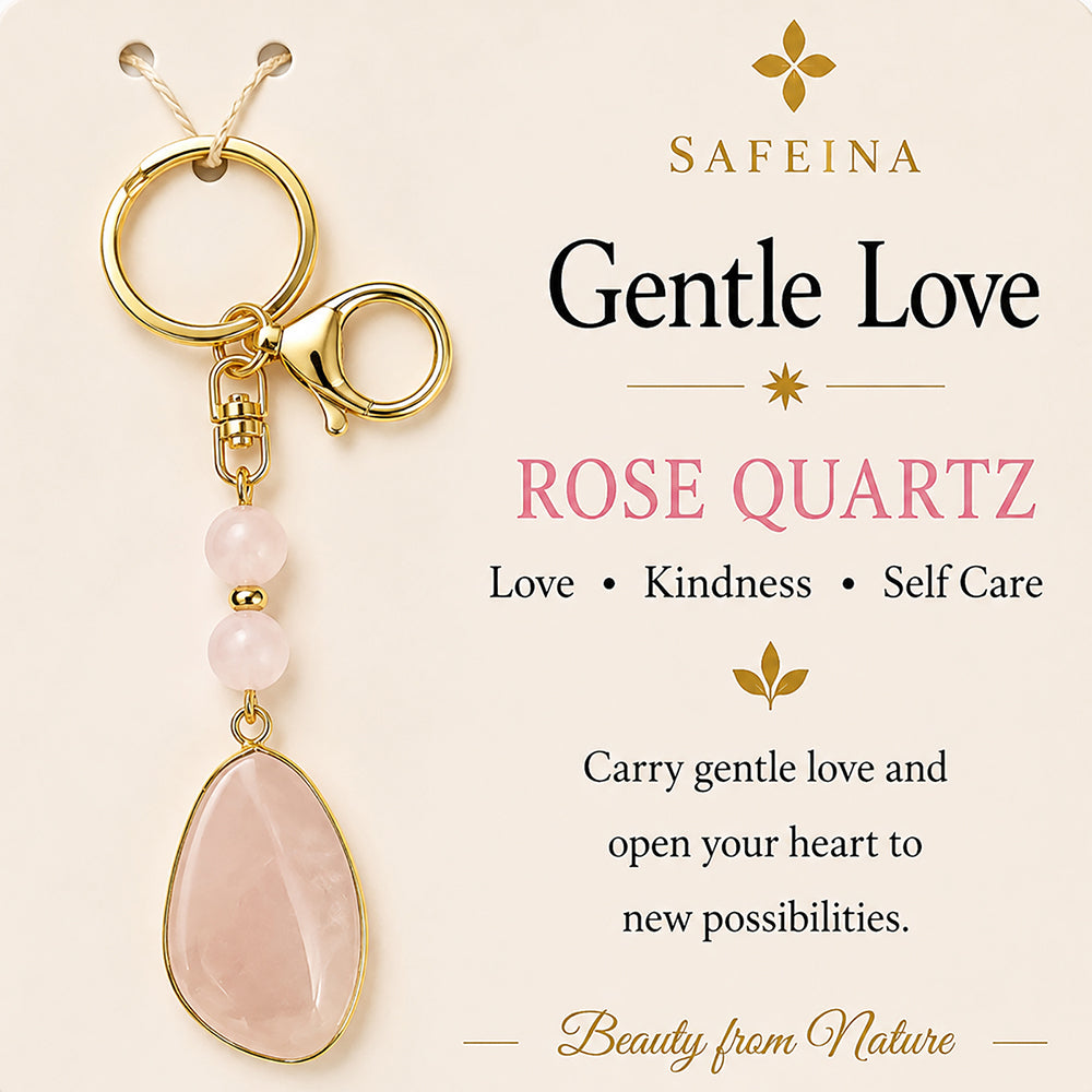 SAFEINA Natural Rose Quartz Keychain & Bag Charm Gift Set