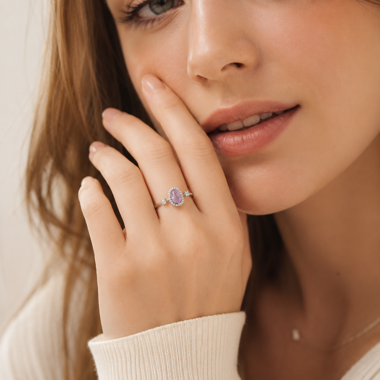Lilac Amethyst Crystal Ring S925 Sterling Silver - Front View