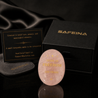 Rose quartz palm stone with laser engraved Stars of Freedom 250 Years design – front view, SAFEINA
