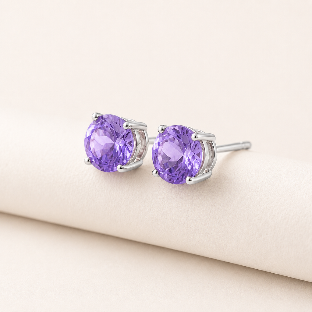 Amethyst 925 Sterling Silver Stud Earrings - Front View