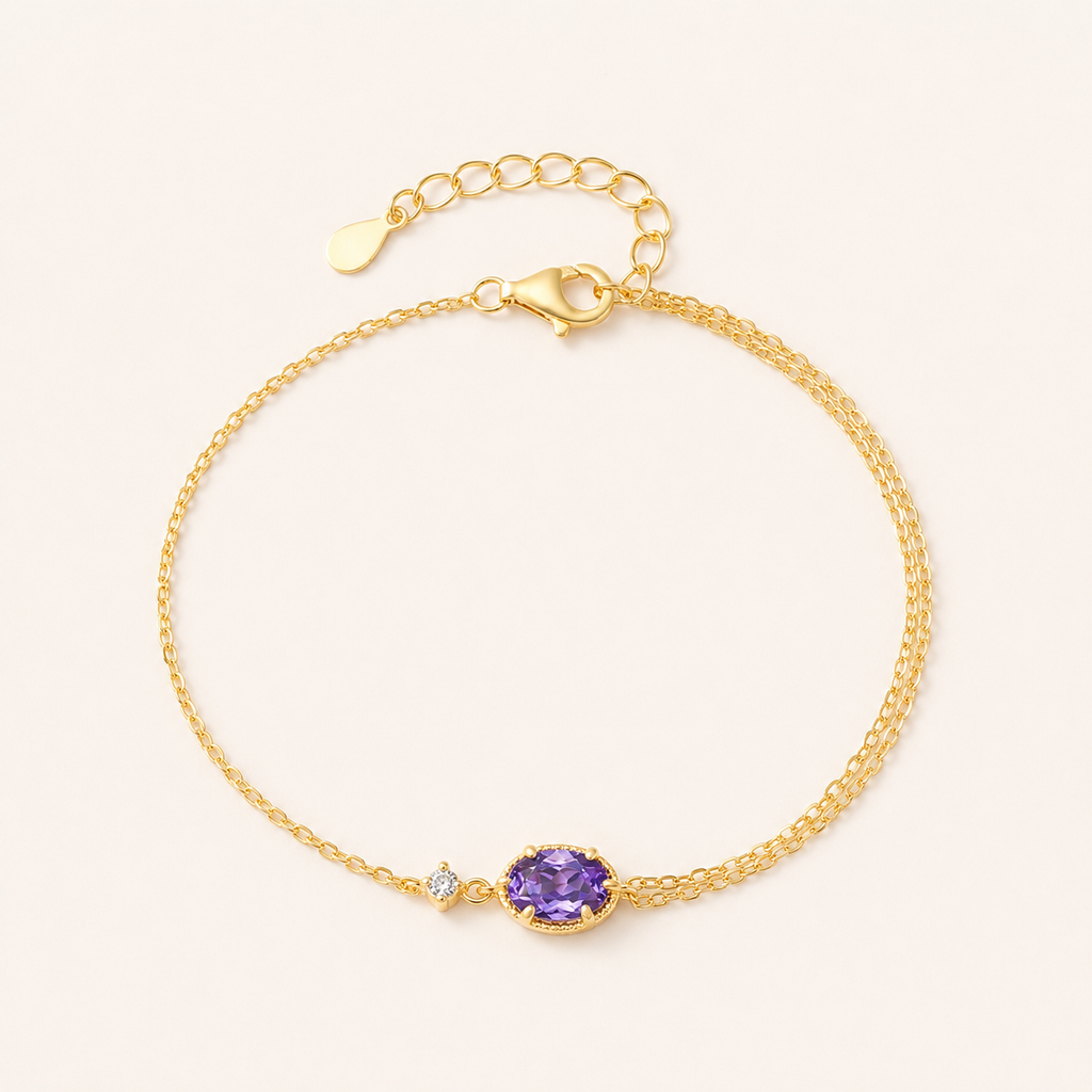 Amethyst Purple Crystal Sterling Silver Gold Bracelet - Front View