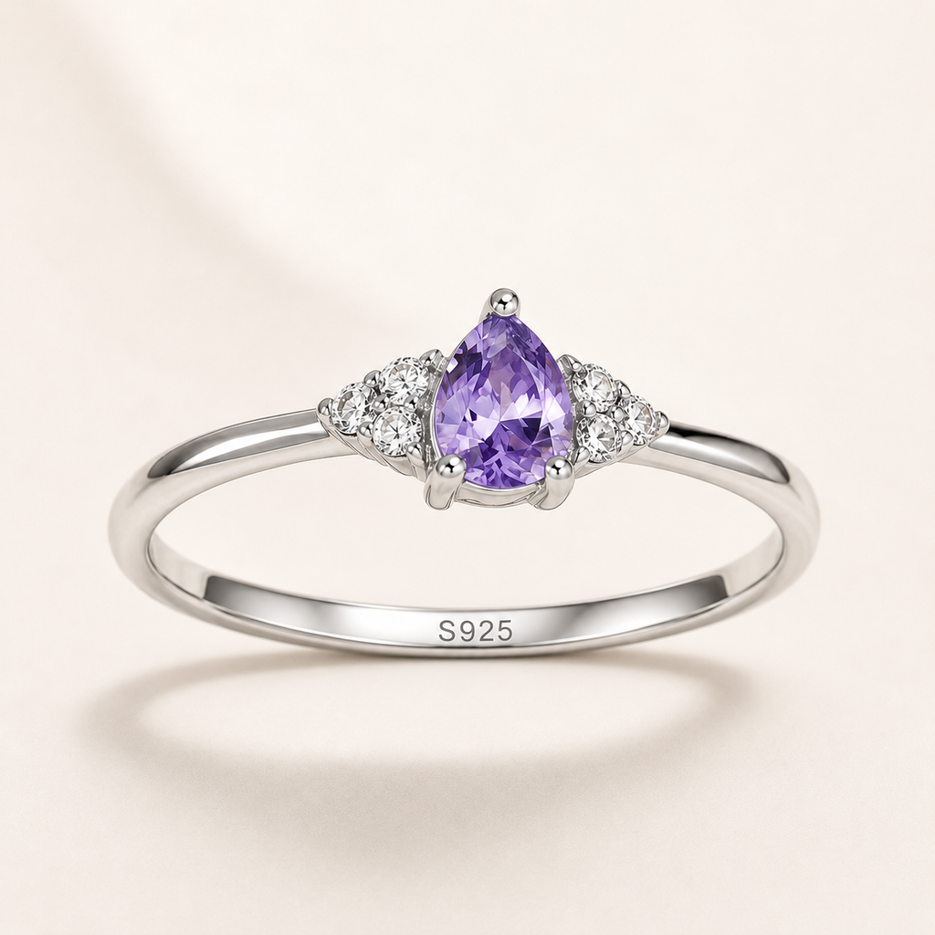 Purple Crystal Teardrop Ring S925 Sterling Silver - Front View