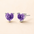 Amethyst Sterling Silver Heart Stud Earrings - Front View