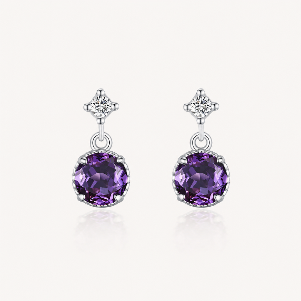 Amethyst Purple Zircon Sterling Silver Drop Earrings - Front View