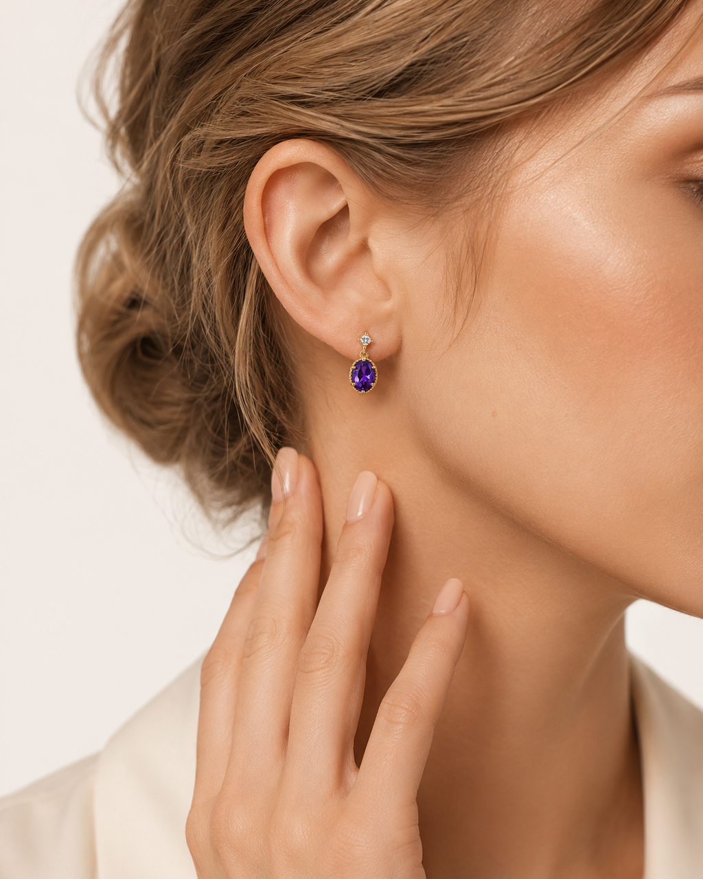Amethyst Purple Crystal Sterling Silver Gold Drop Earrings - Front View