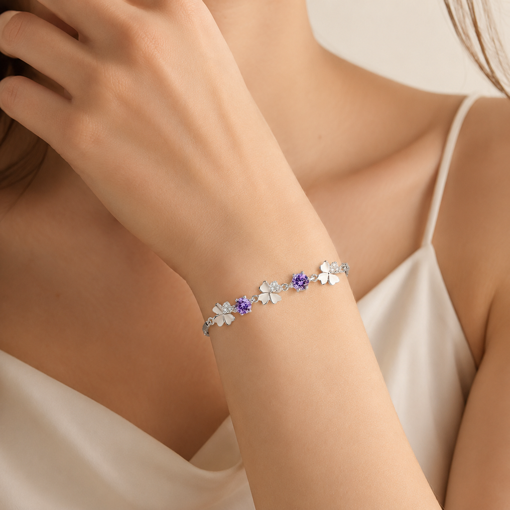 Amethyst Sterling Silver Clover Bracelet - Front View
