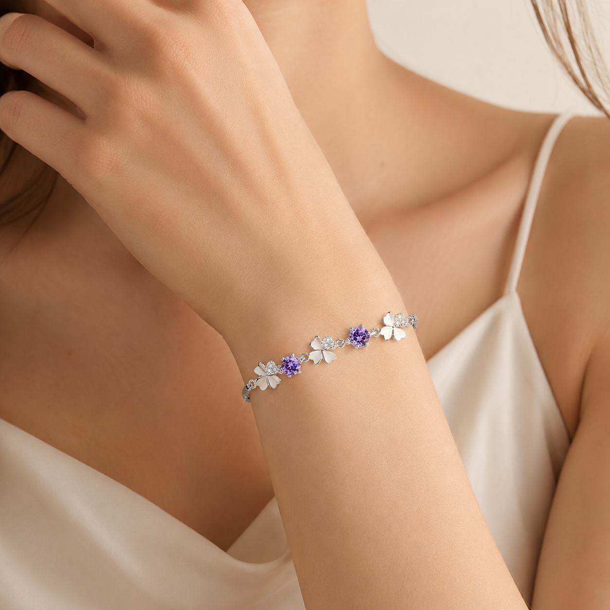 Amethyst Sterling Silver Clover Bracelet - Front View