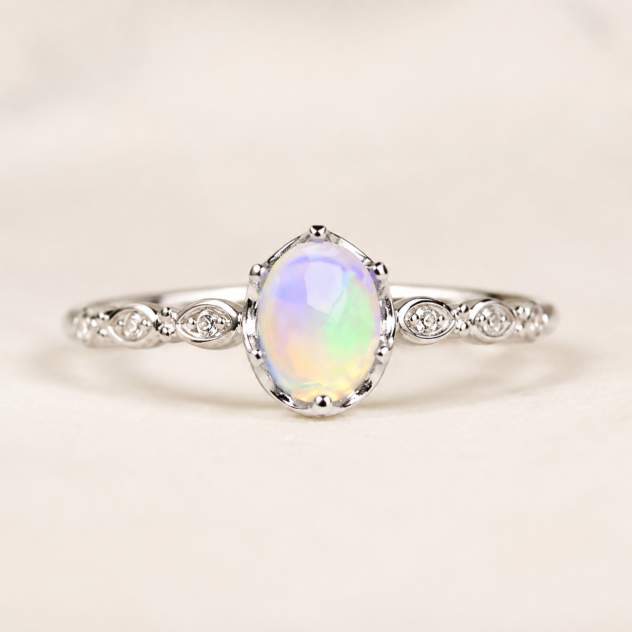 Lab Opal Adjustable Ring S925 Sterling Silver - Front View