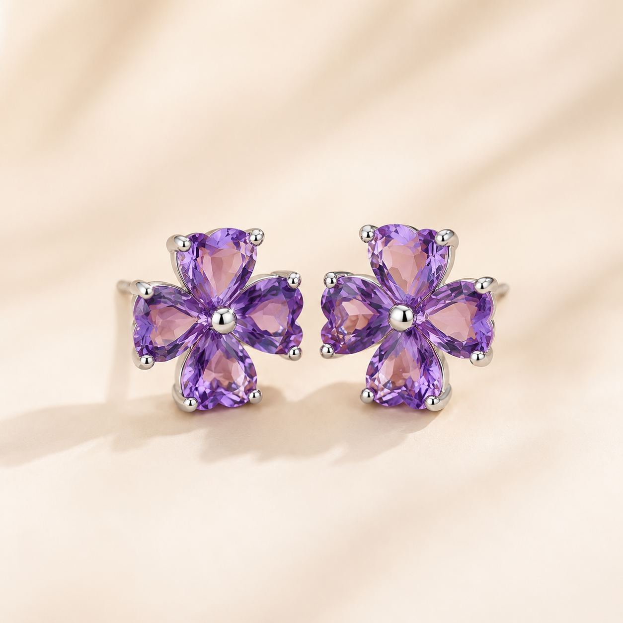 Amethyst Clover 925 Sterling Silver Stud Earrings - Front View