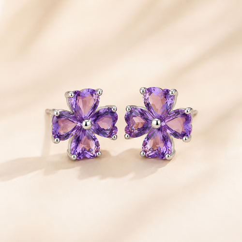 Amethyst Clover 925 Sterling Silver Stud Earrings - Front View