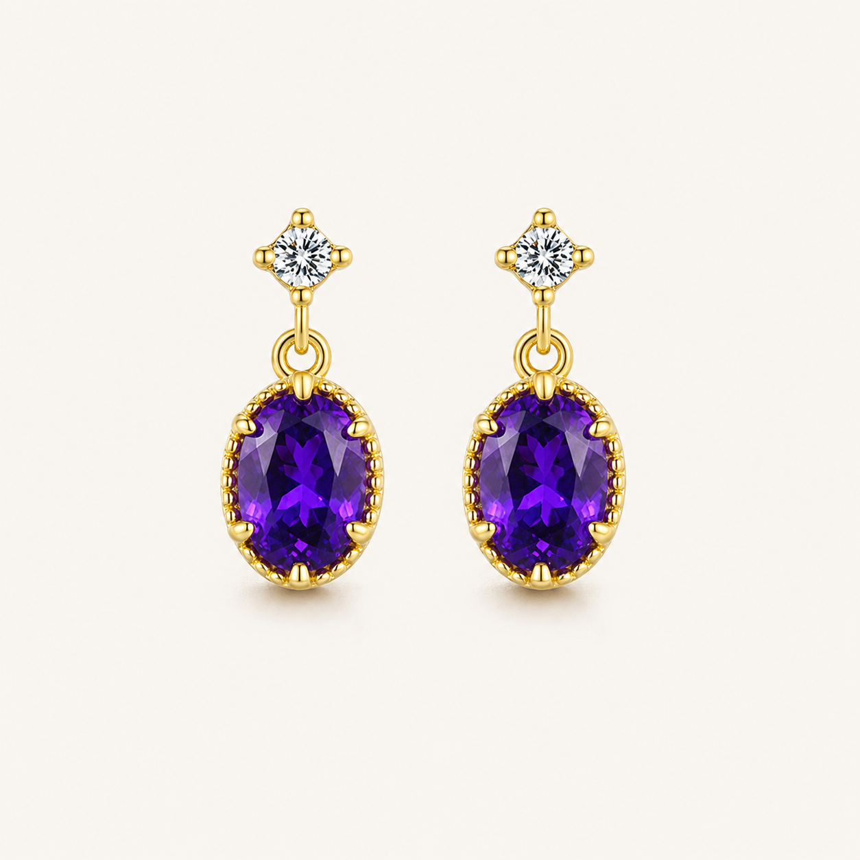 Amethyst Purple Crystal Sterling Silver Gold Drop Earrings - Side View