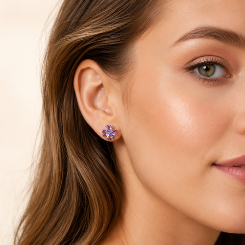 Amethyst Clover 925 Sterling Silver Stud Earrings - Side View