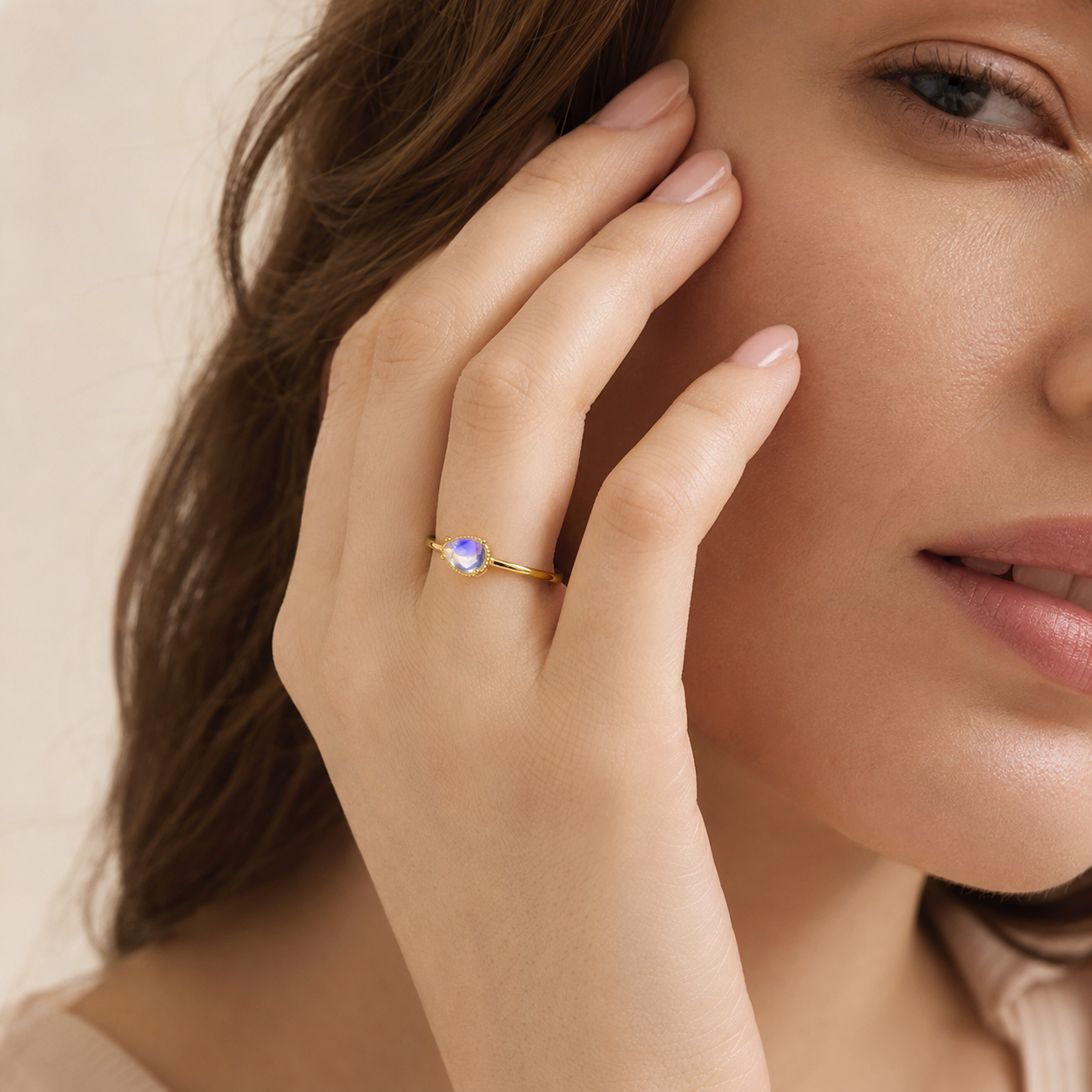 Moonstone Adjustable Ring 18K Gold-Plated S925 Sterling Silver - Side View