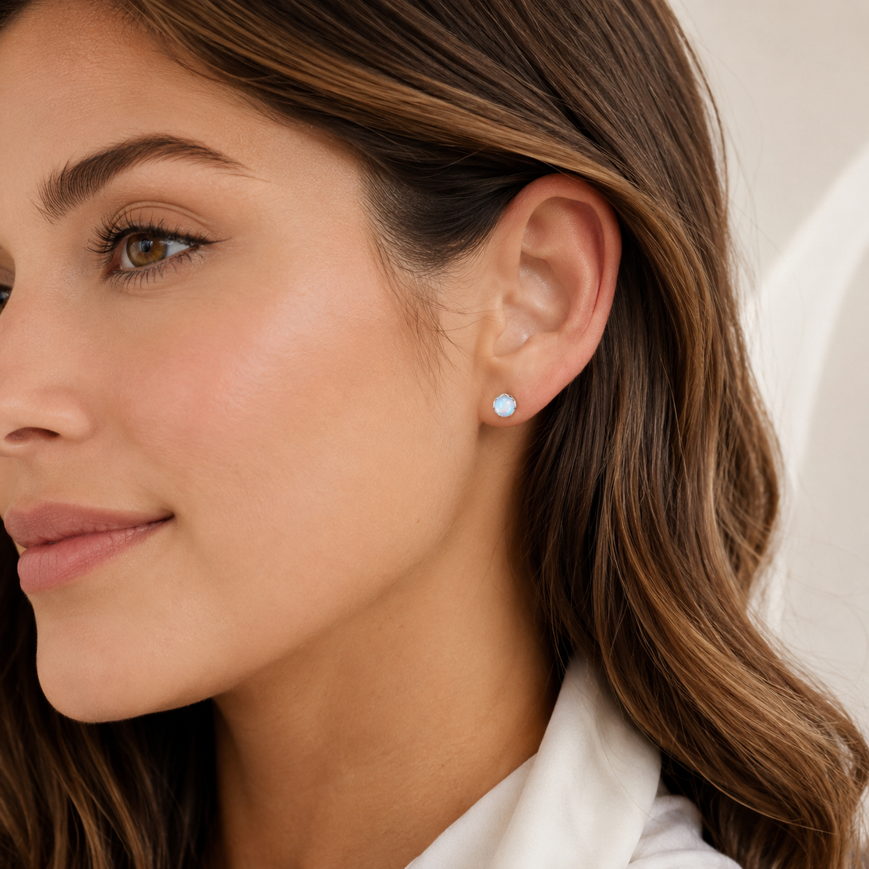 Petite Moonstone Sterling Silver Stud Earrings - Side View