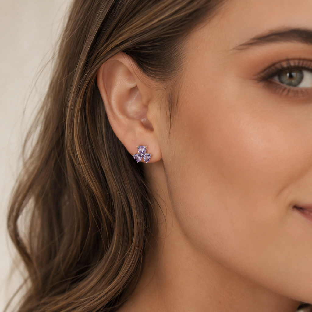 Amethyst Sterling Silver Flower Stud Earrings - Side View