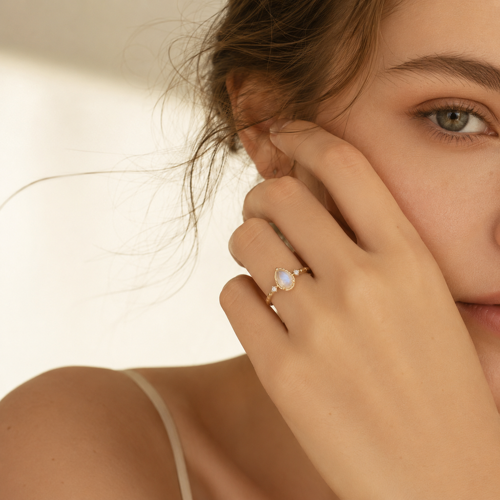 Moonstone Teardrop Ring 18K Gold Vermeil - Side View