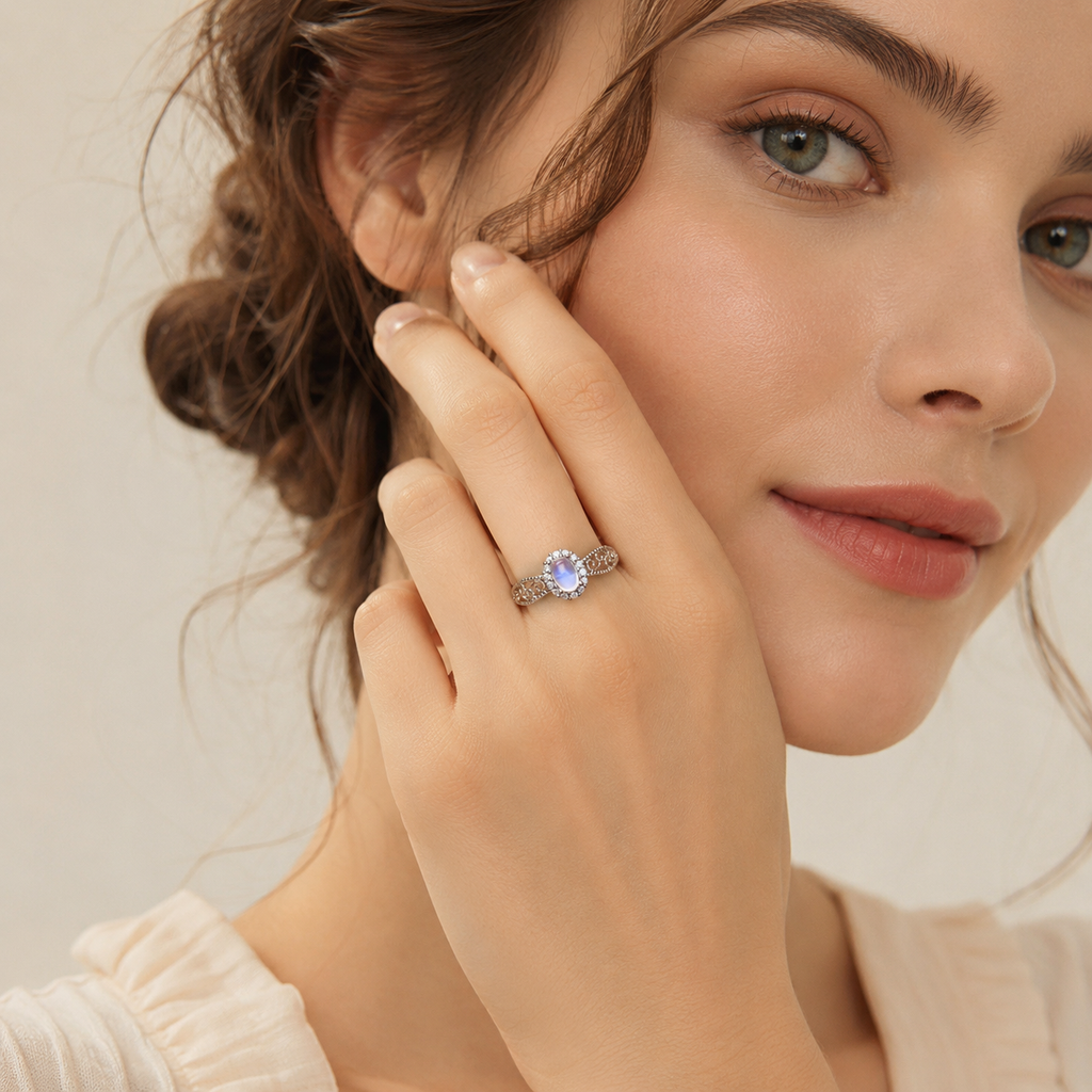 Moonstone Adjustable Ring S925 Sterling Silver - Side View