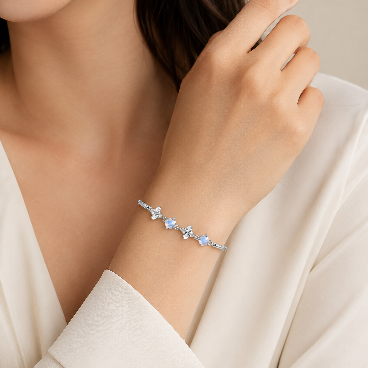 Moonstone Sterling Silver Clover Bracelet - Side View