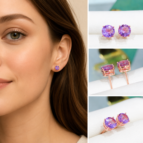 Amethyst 925 Sterling Silver Stud Earrings - Side View