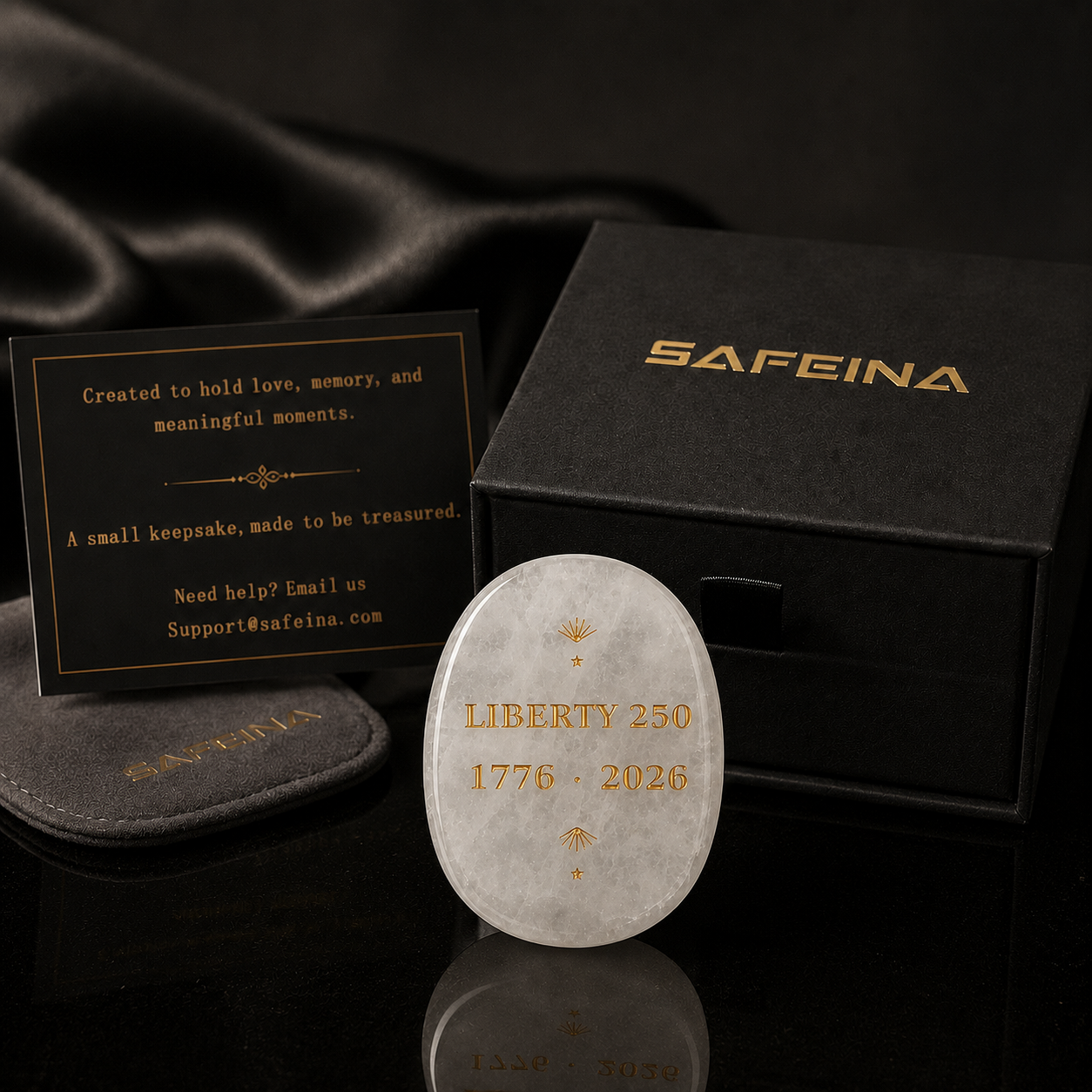 White crystal keepsake with laser engraved Liberty 250 1776–2026 design – front view, SAFEINA