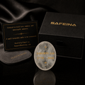 White crystal palm stone with laser engraved Liberty 250 1776–2026 design – front view, SAFEINA