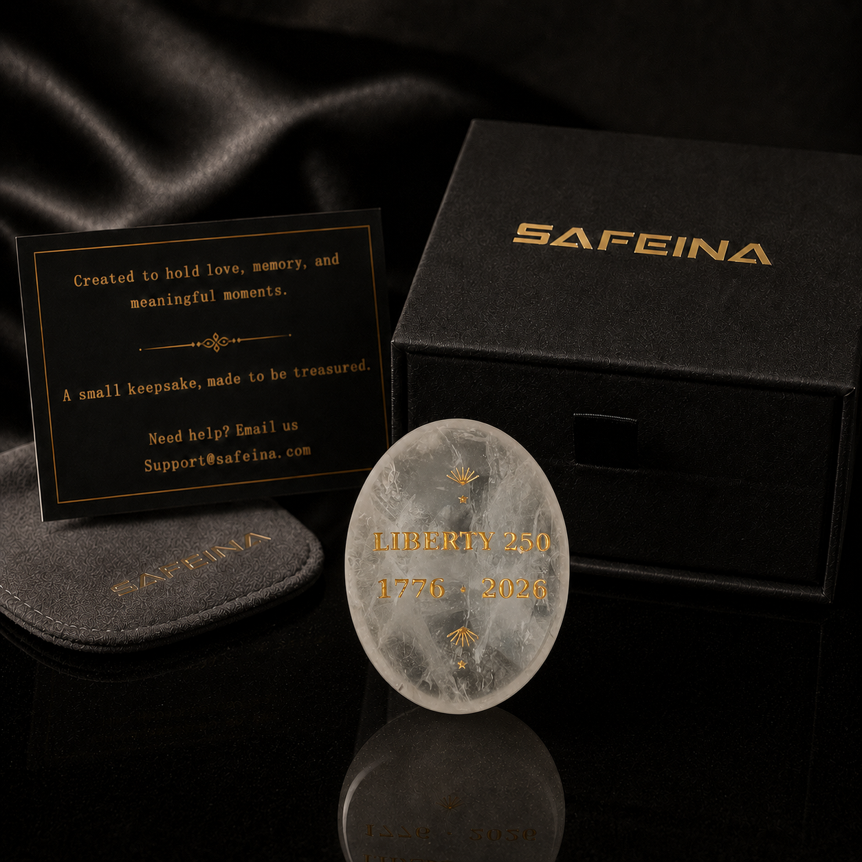 White crystal palm stone with laser engraved Liberty 250 1776–2026 design – front view, SAFEINA