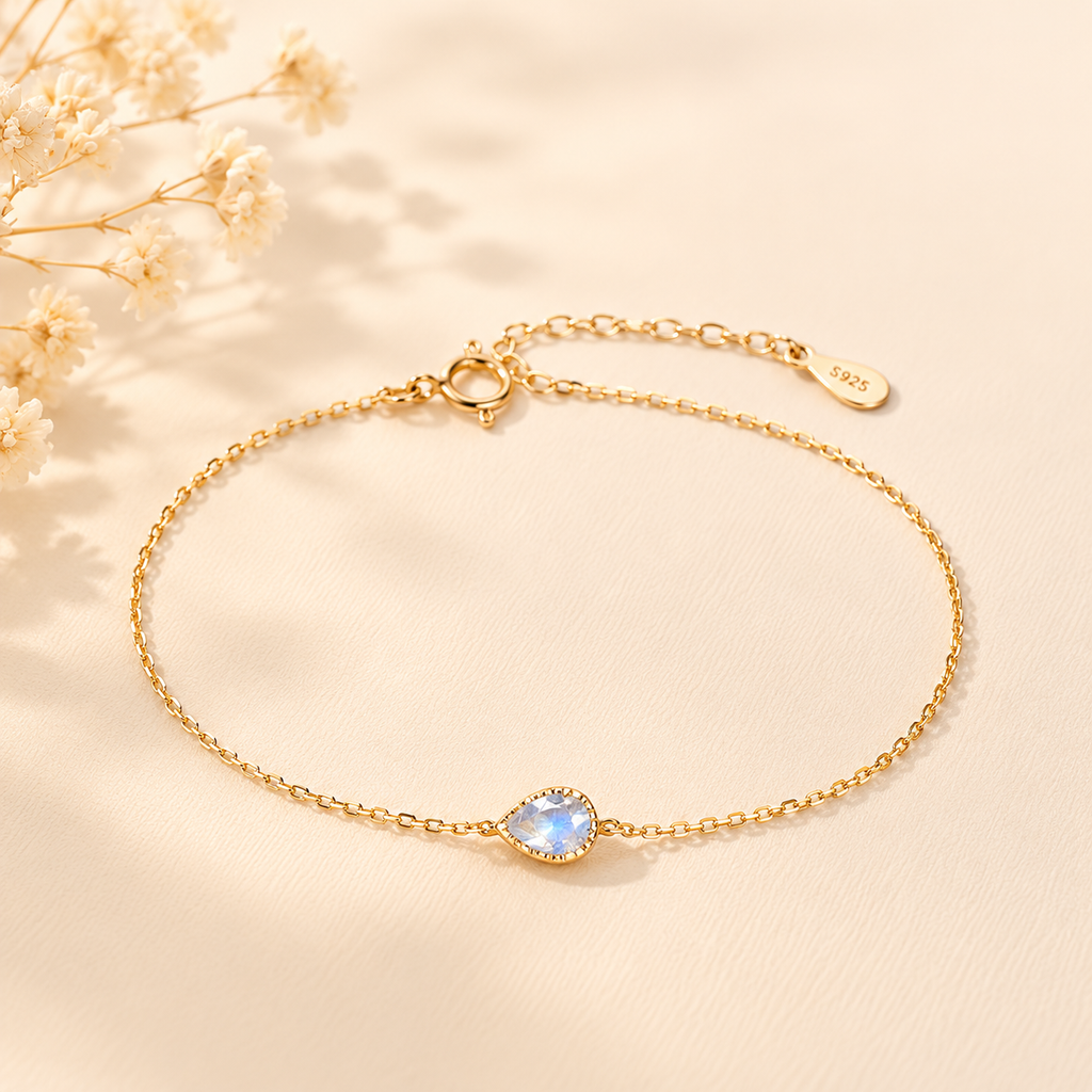 Japanese Minimalist Blue Moonstone Teardrop Bracelet - Front View