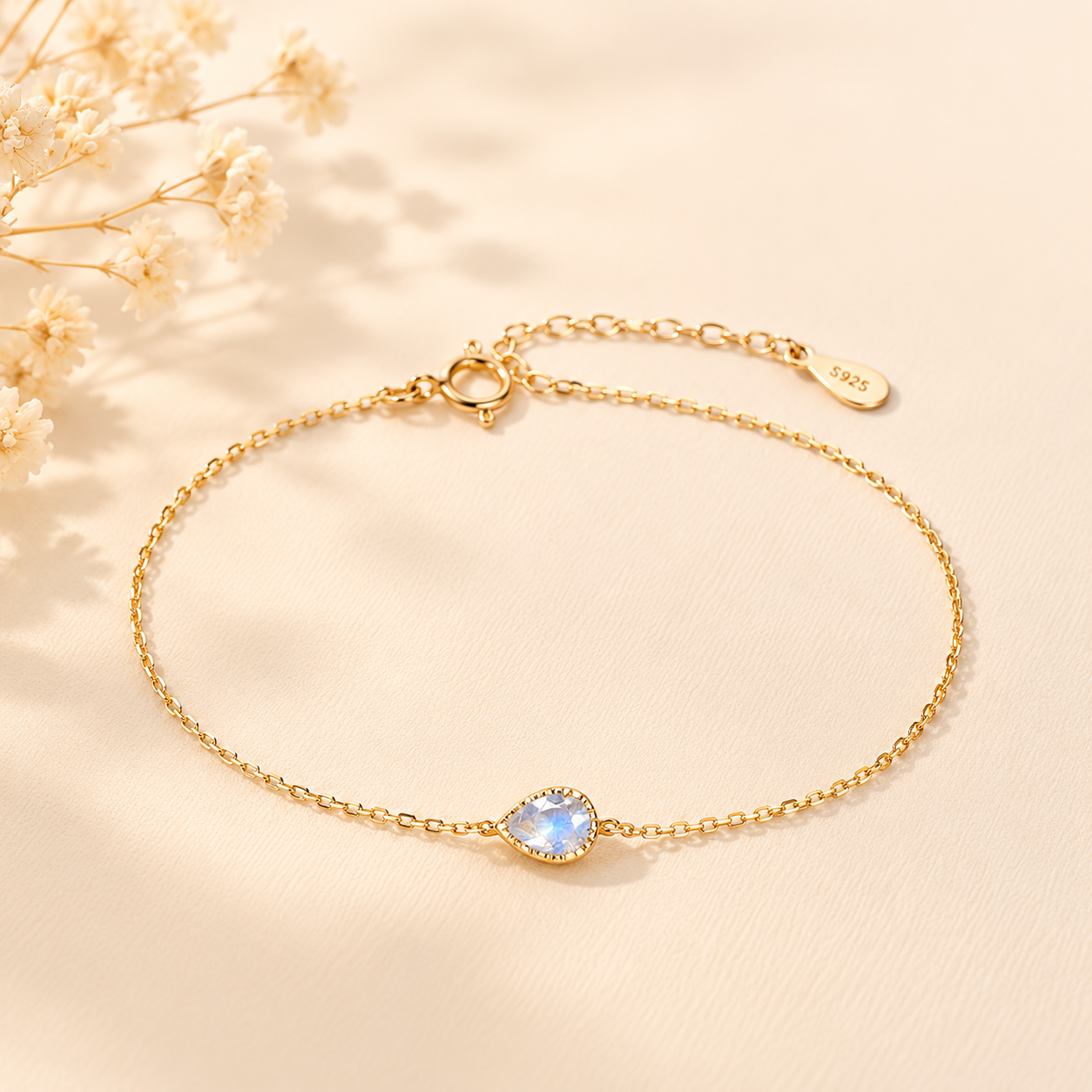 Japanese Minimalist Blue Moonstone Teardrop Bracelet - Front View