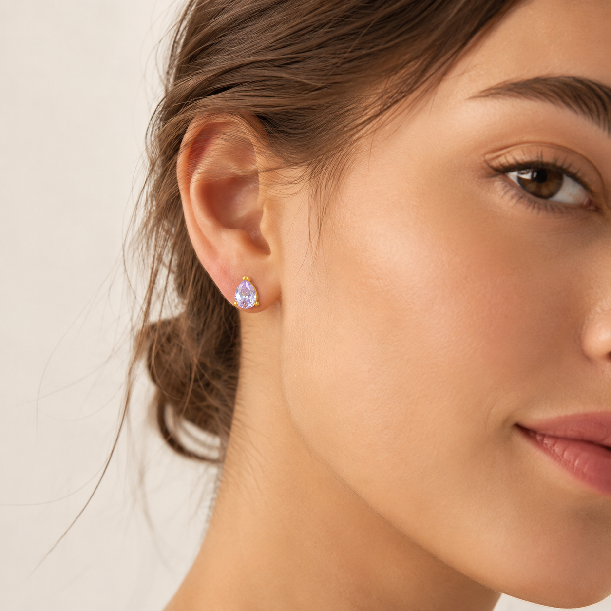 Amethyst Teardrop Stud Earrings Gold-Plated S925 Silver - Front View