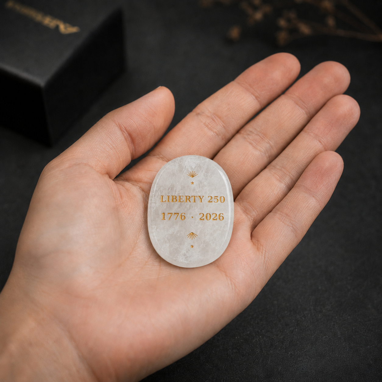 Close-up of laser engraved Liberty 250 design on white crystal keepsake – SAFEINA
