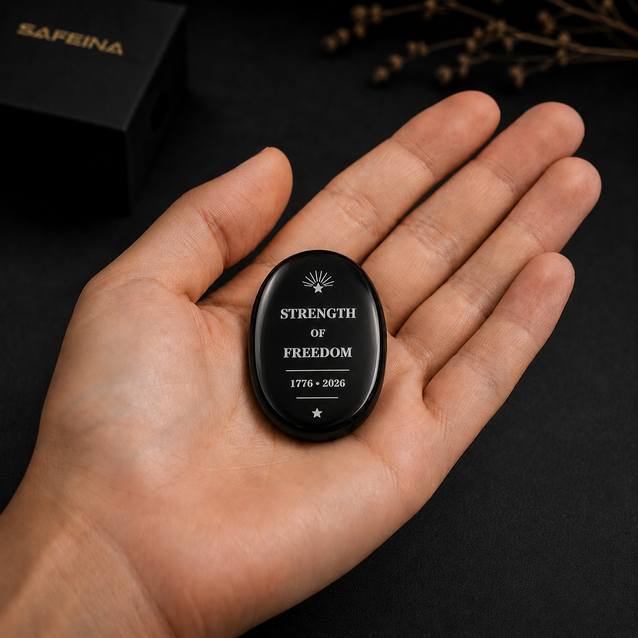 Close-up of laser engraved eagle and freedom design on black obsidian keepsake palm stone – SAFEINA