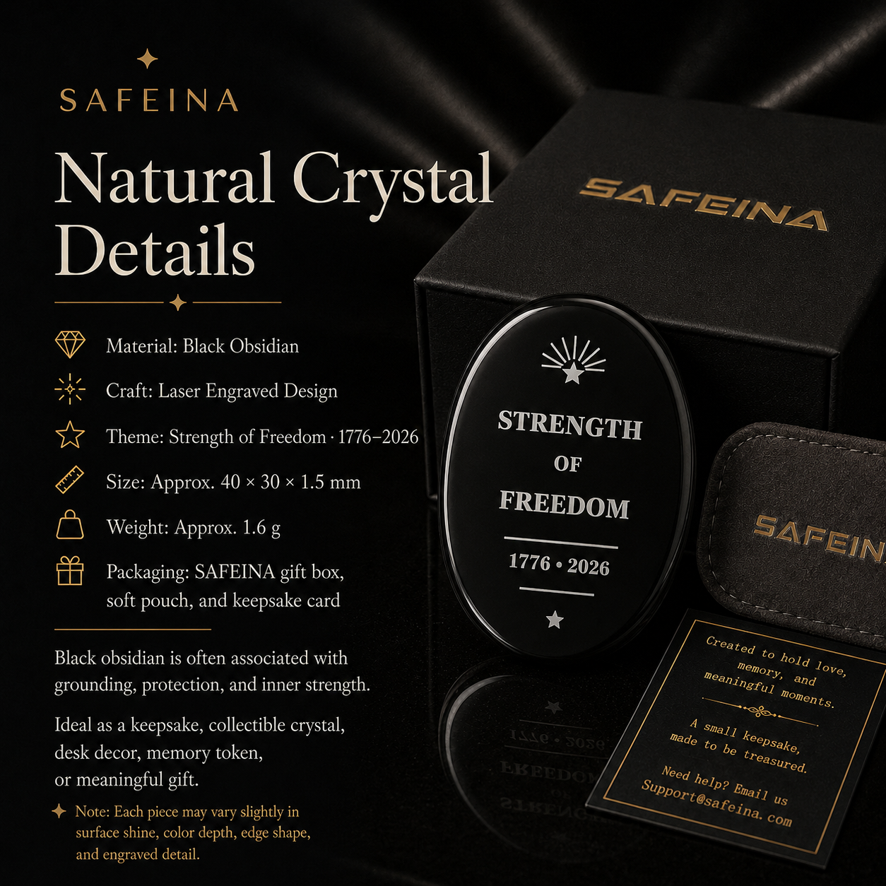 SAFEINA gift packaging for black obsidian Strength of Freedom keepsake – gift box, soft pouch, and keepsake card
