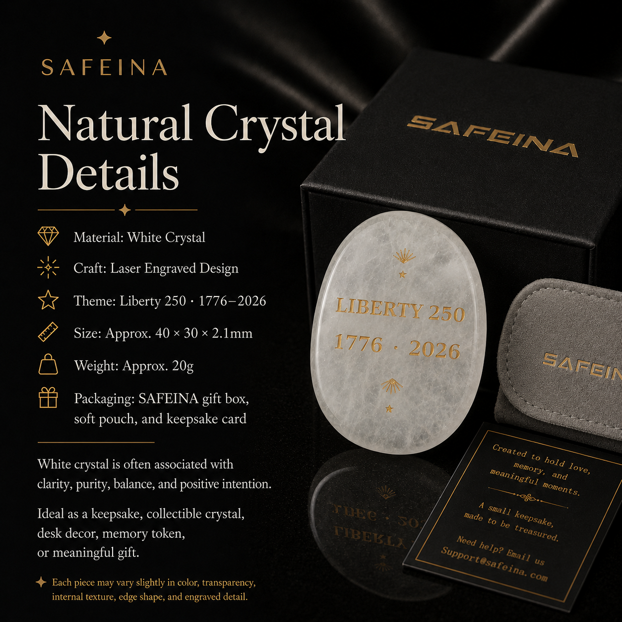 White crystal Liberty 250 keepsake held in hand showing thin flat shape and approx. 40×30mm size