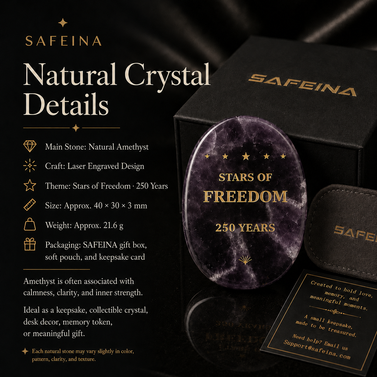 Natural amethyst Stars of Freedom keepsake held in hand showing thin flat shape and approx. 40×30mm size