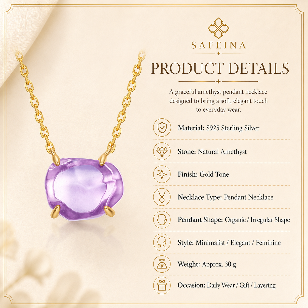 Natural Amethyst Pendant Necklace in S925 Sterling Silver