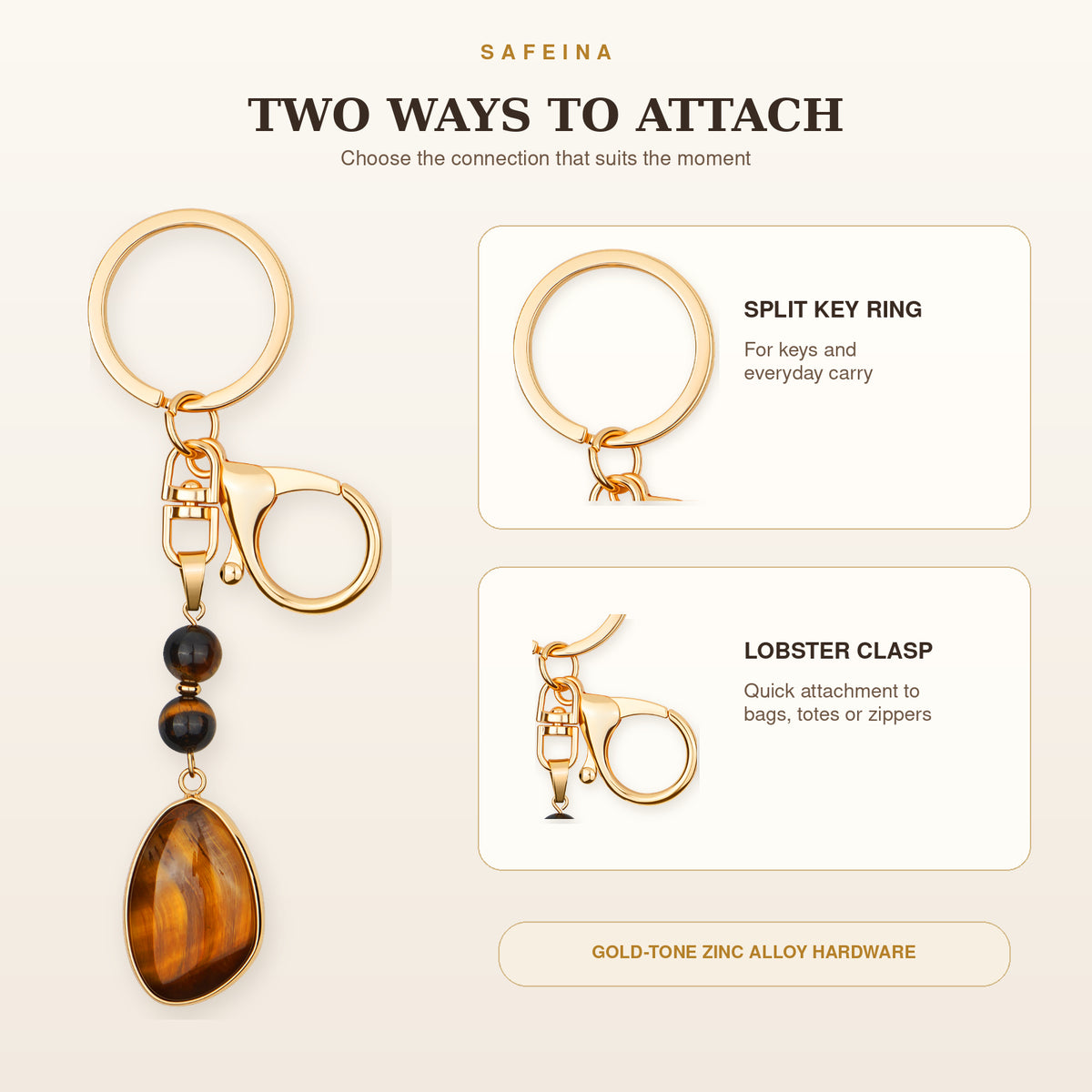 SAFEINA Natural Tiger Eye Keychain & Bag Charm Gift Set