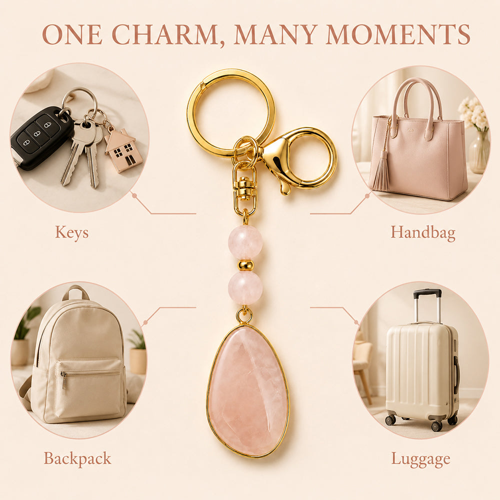 SAFEINA Natural Rose Quartz Keychain & Bag Charm Gift Set