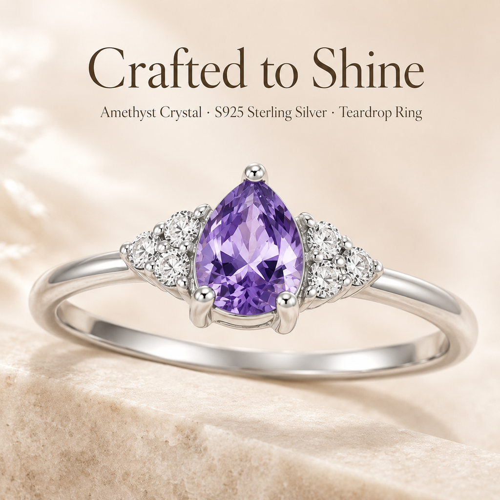 Purple Crystal Teardrop Ring S925 Sterling Silver - Lifestyle Shot