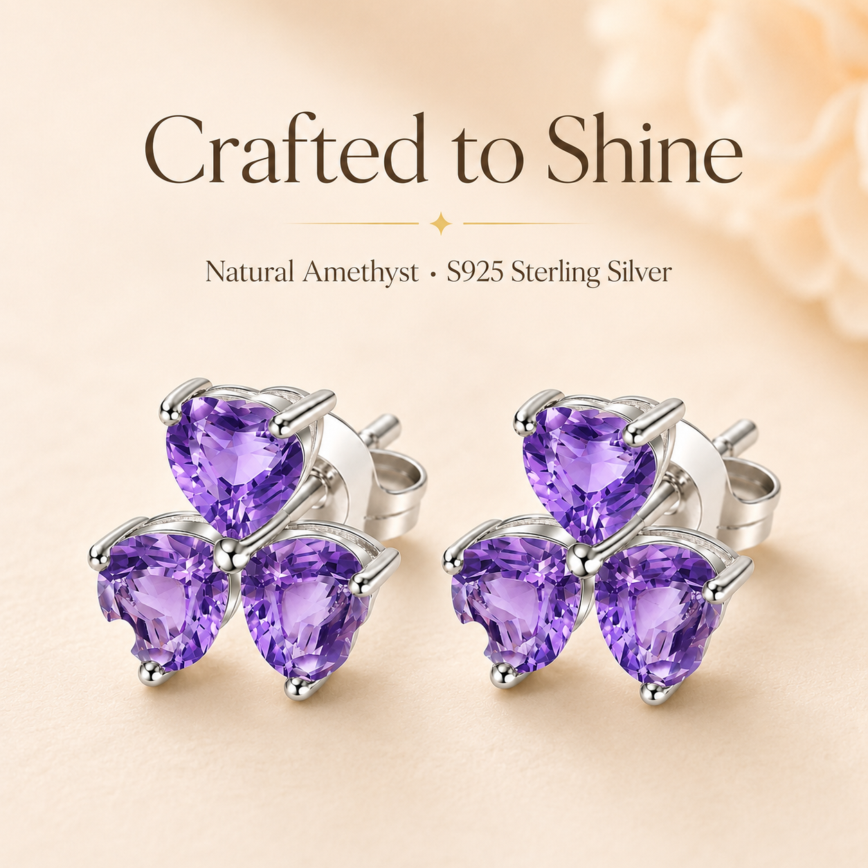 Amethyst Sterling Silver Flower Stud Earrings - Lifestyle Shot