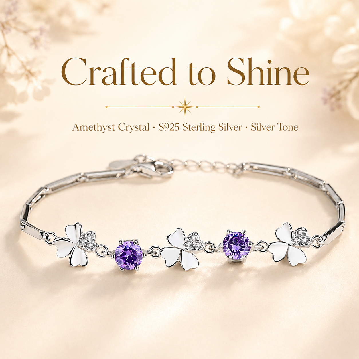 Amethyst Sterling Silver Clover Bracelet - Lifestyle Shot