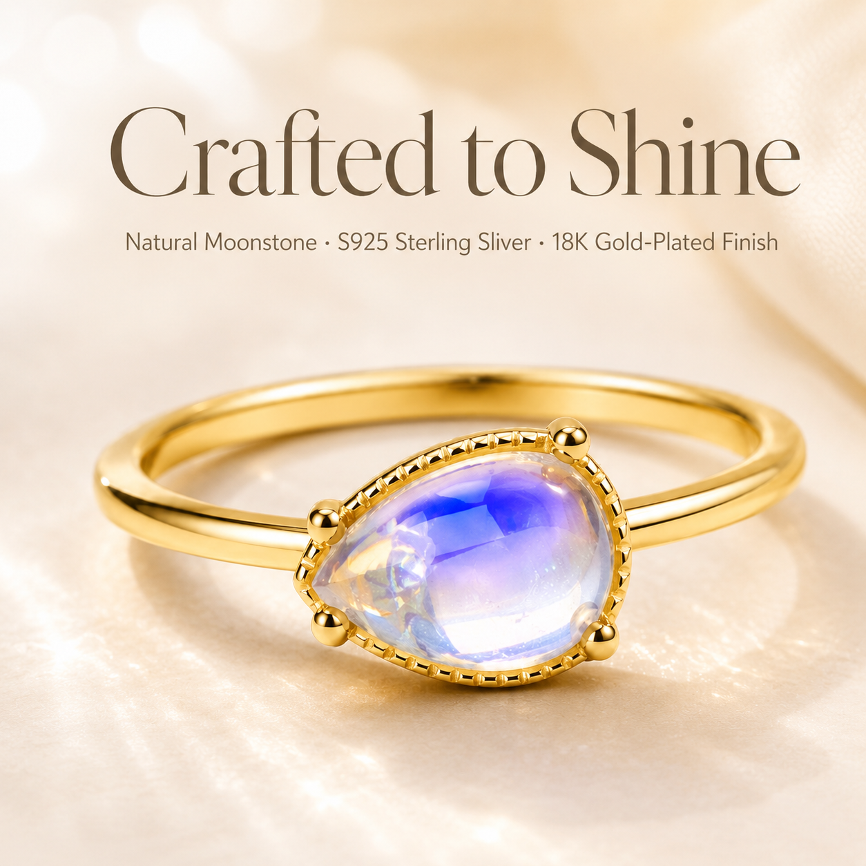 Moonstone Adjustable Ring 18K Gold-Plated S925 Sterling Silver - Lifestyle Shot