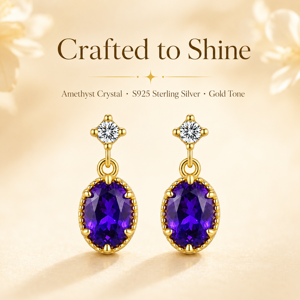 Amethyst Purple Crystal Sterling Silver Gold Drop Earrings - Lifestyle Shot
