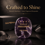 SAFEINA gift packaging for amethyst Stars of Freedom keepsake – gift box, soft pouch, and keepsake card